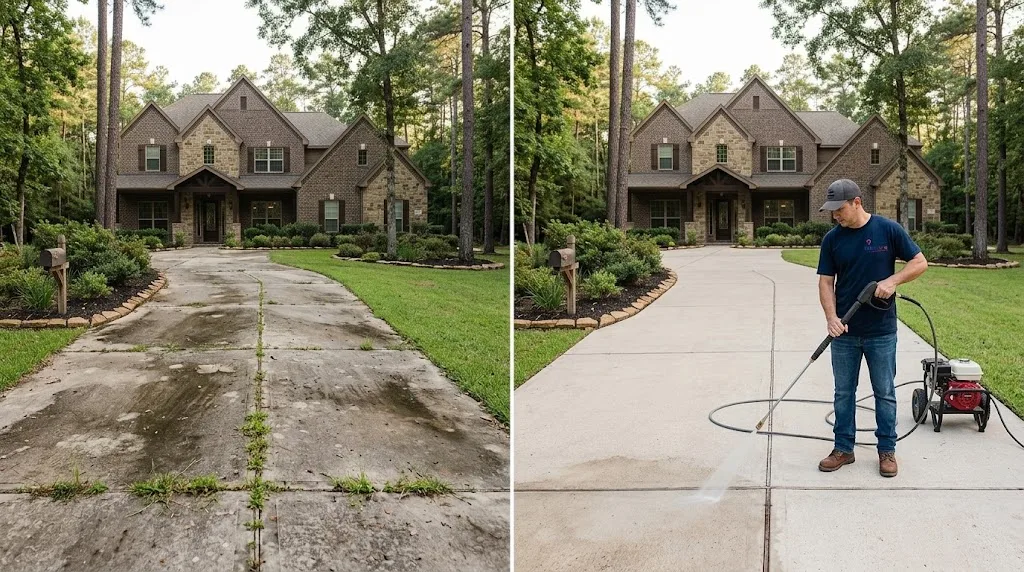 Entrada de una casa antes y después del lavado a presión de Habitera