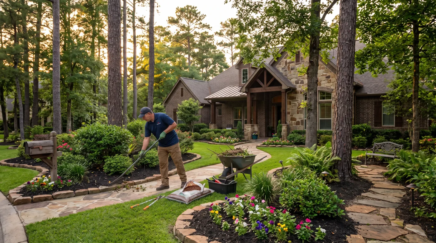 Jardín cuidado frente a una casa en The Woodlands