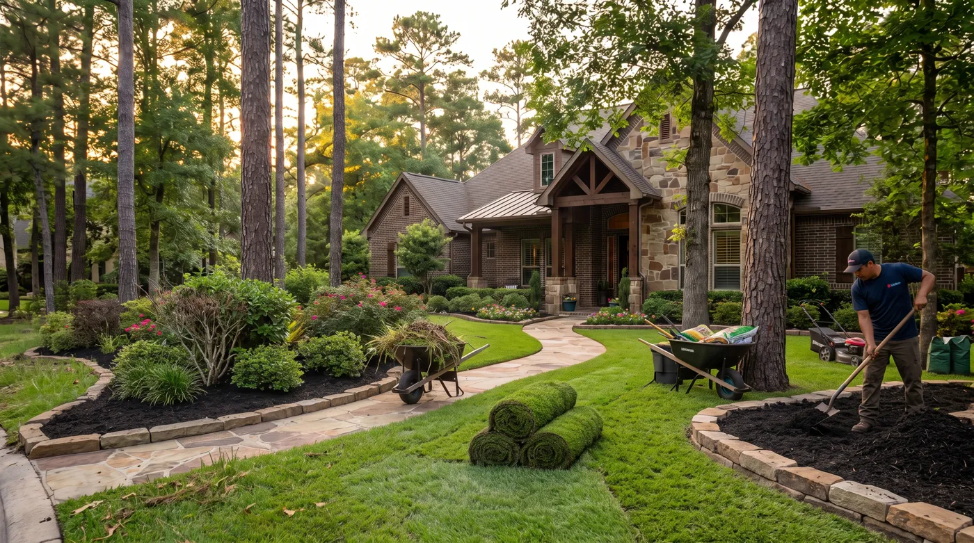 Jardín cuidado frente a una casa en The Woodlands